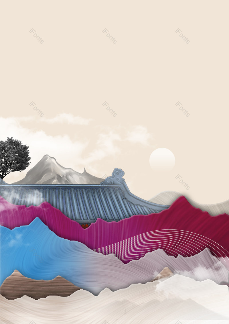 灰色中国风建筑意境山水画古建筑宣传背景,插画/手绘图,插画/手绘图库,插画/手绘图下载,插画/手绘